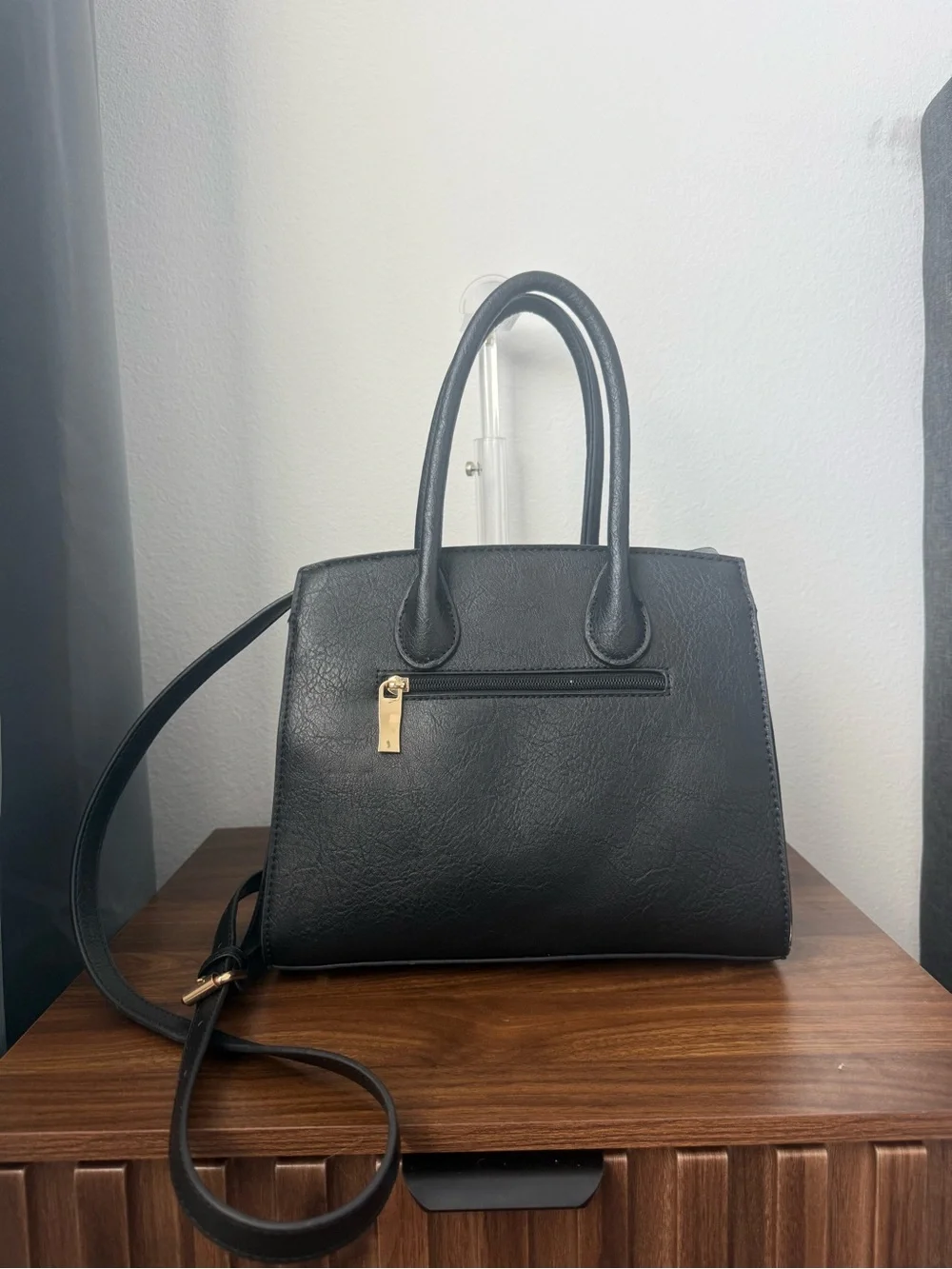 Black Structured Top Handle Handbag with Detachable Crossbody Strap - Old Money